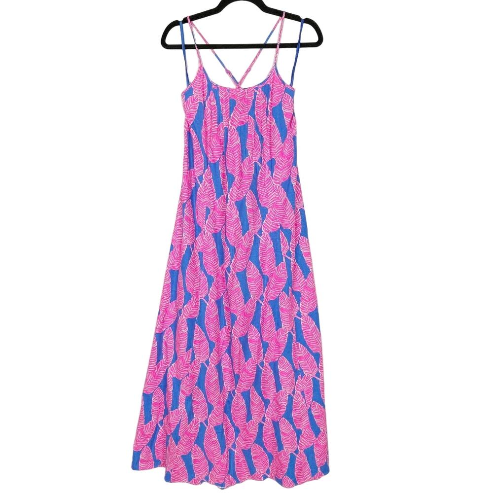 Vineyard Vines Size 00 Pink Blue Palm Print Maxi Dress Cross Strap Linen Blend